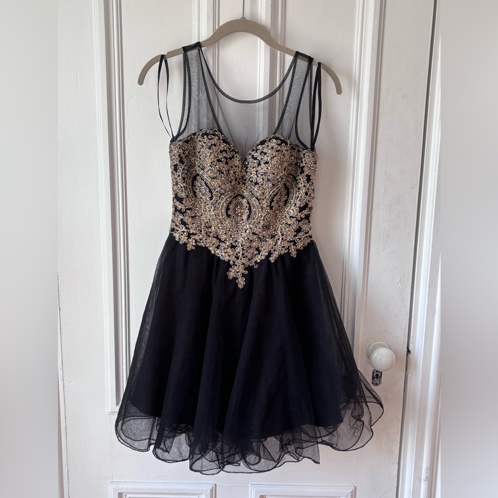 Women’s Babyonline Black Gold Sequined Embroidered Prom/Party Dress Tulle Lined